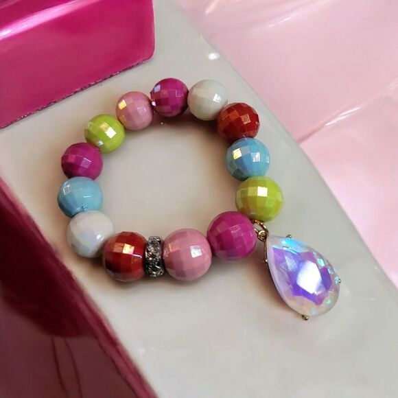 Colorful Faceted Beaded Stretch Bracelet with Teardrop Pendant - Picture 2 of 3